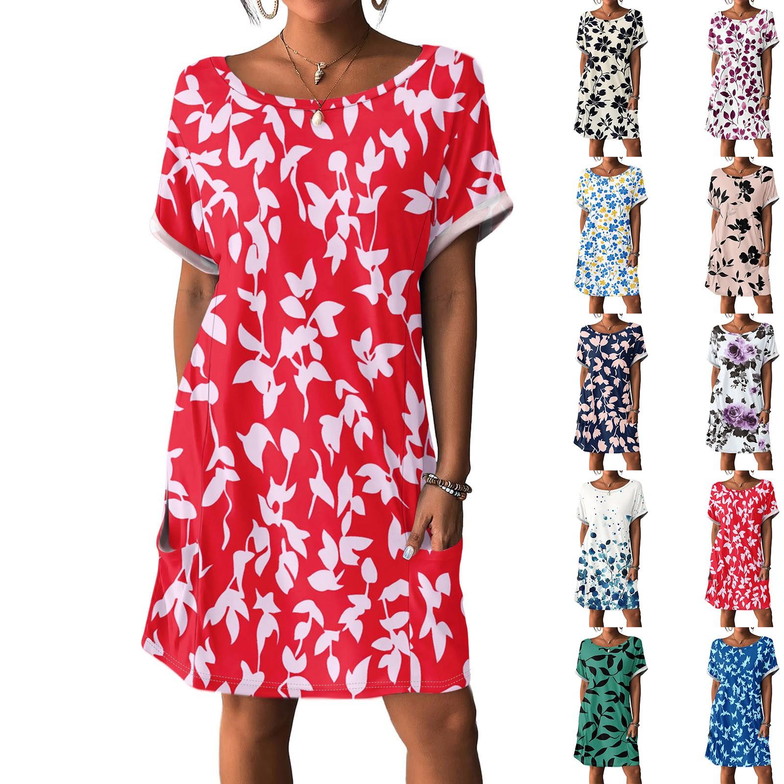 

Women s Fashion Short Sleeve Dress With Pockets Floral Print Casual Beach Dress M