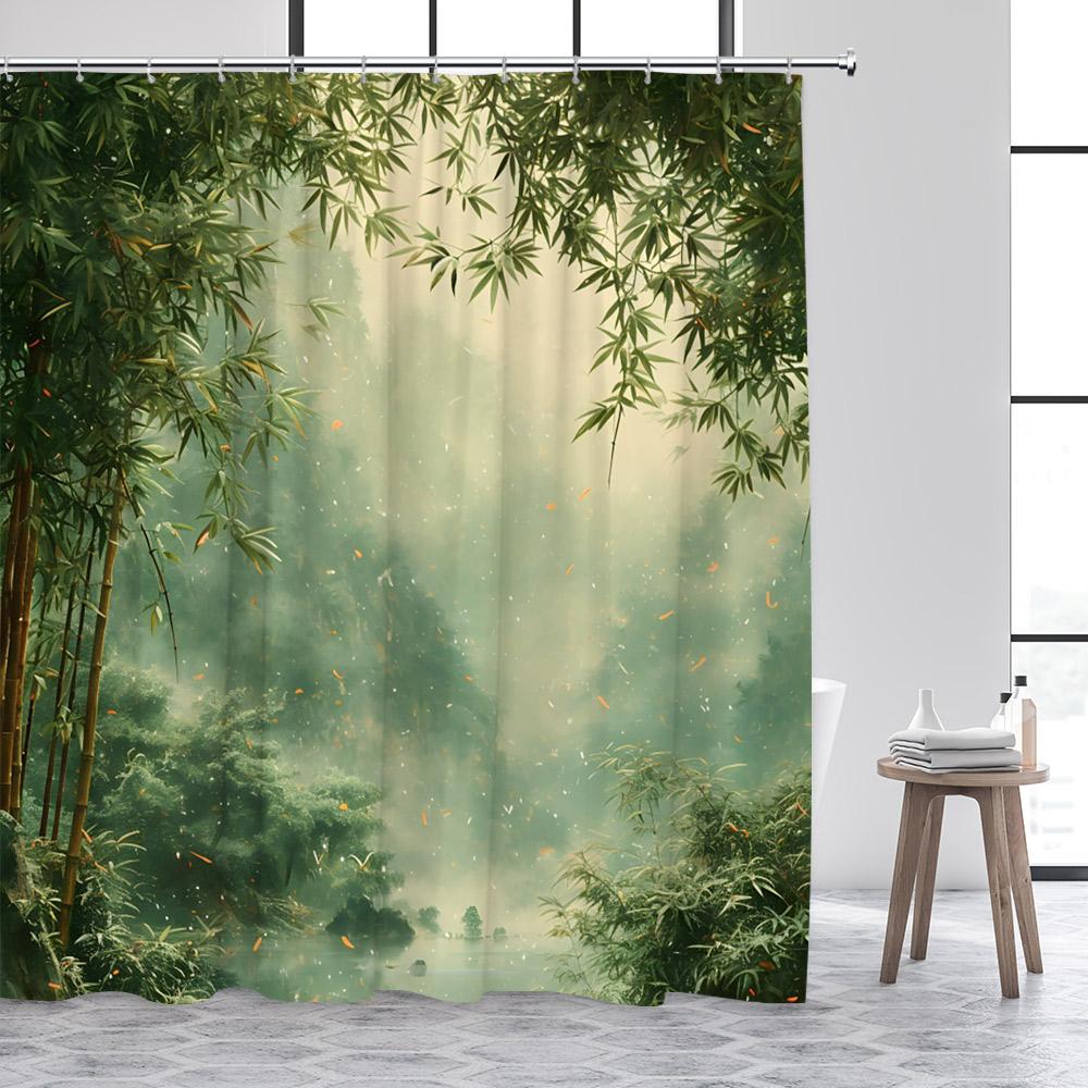 Japanese Landscape Shower Curtains Abstract Mountain Pink Cherry Blossom Floral Bird Pavilion Asian Art Bathroom Curtain Decor