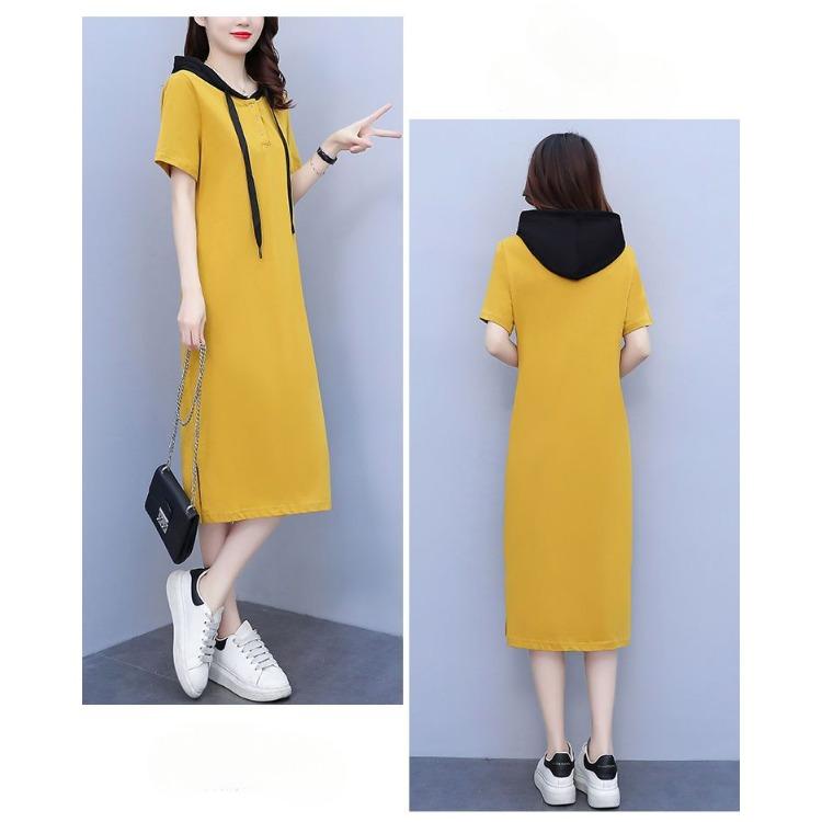 Summer Women Hooded Dress Long Loose Fit Casual Slimming Elegant Youthful Knee Length Short Sleeve
