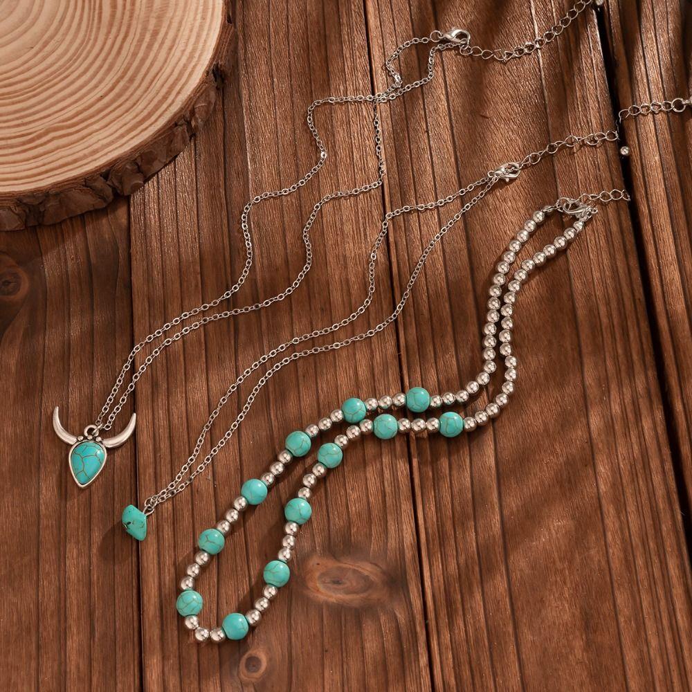 1 SET Stacked Multilayer Turquoise Necklace Ethnic Style Bohemian Style Clavicle Chain  Gift