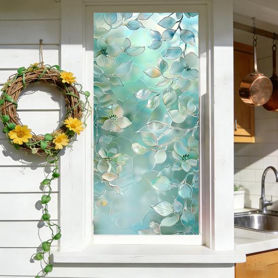 Blumen-Fenster-Sichtschutzfolie Blattmuster Sichtschutzfolie Statisch Haftend Abnehmbar Dekoratives Fensterfolie für Zuhause Badezimmer Küche