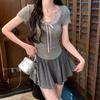 2025 Summer Chic Halter Neck Faux Two-Piece Short-Sleeve T-Shirt for Petite Women
