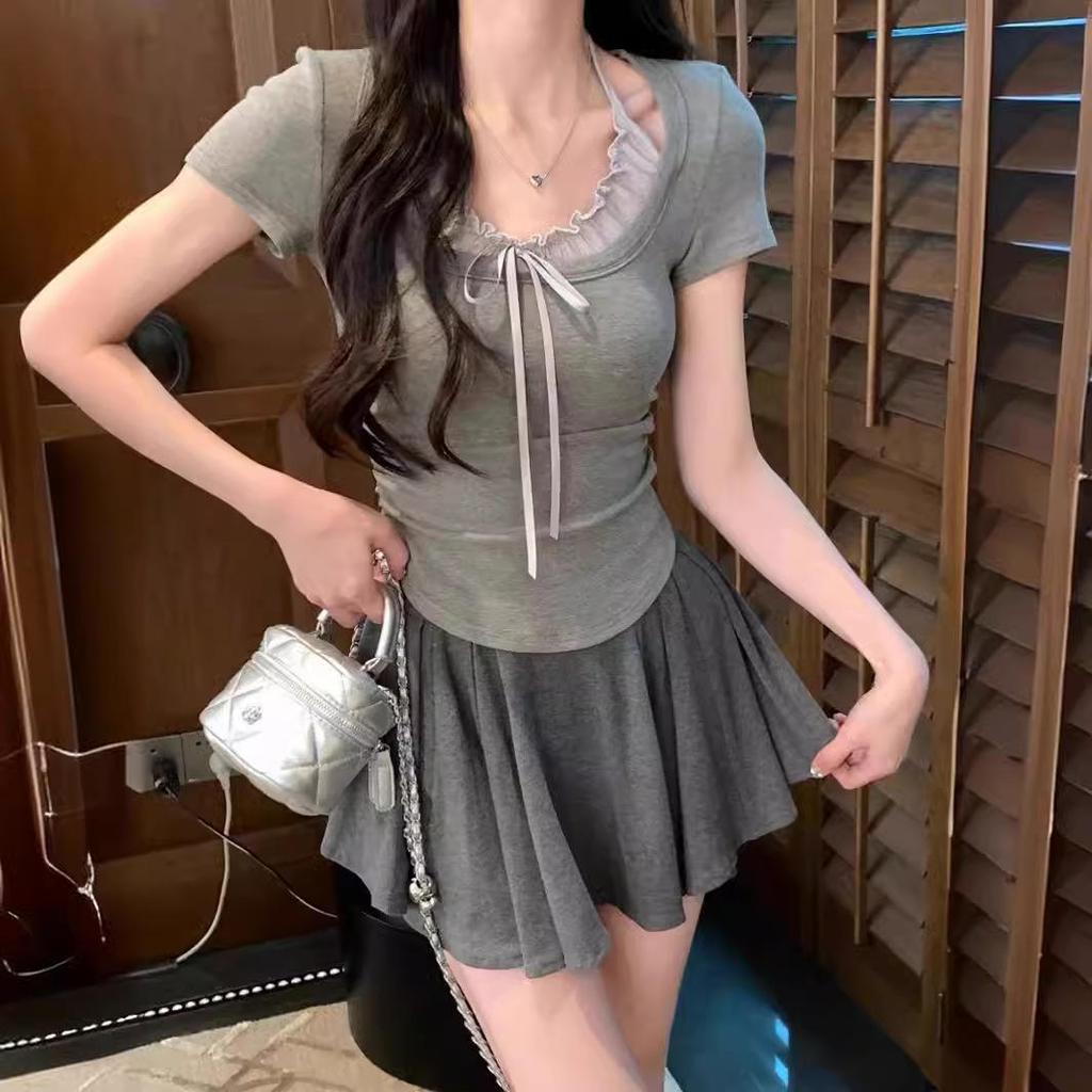 2025 Summer Chic Halter Neck Faux Two-Piece Short-Sleeve T-Shirt for Petite Women