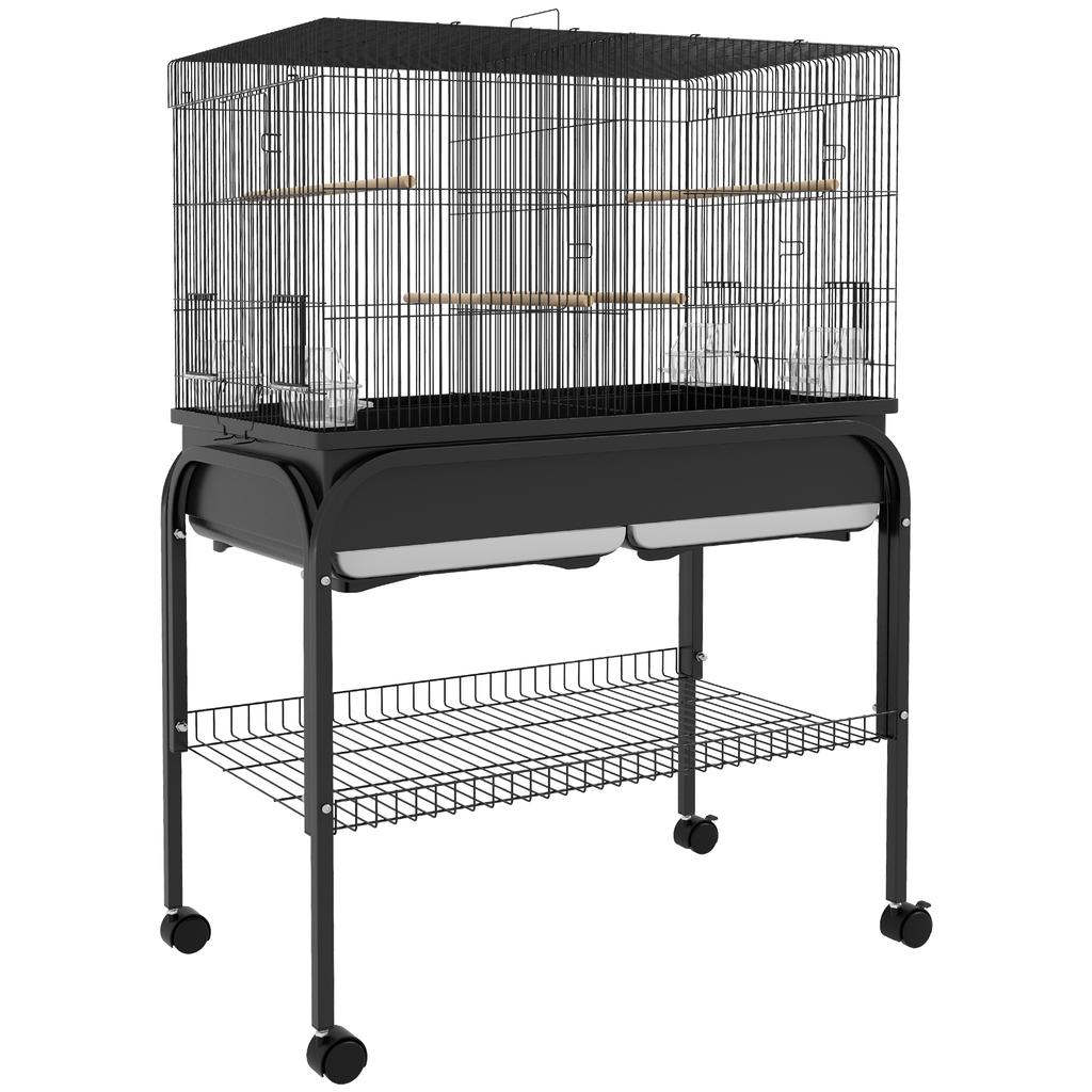 Indoor Bird Cage with Tray, Shelf and Wheels with Brakes, 85x49x119 Cm, Black