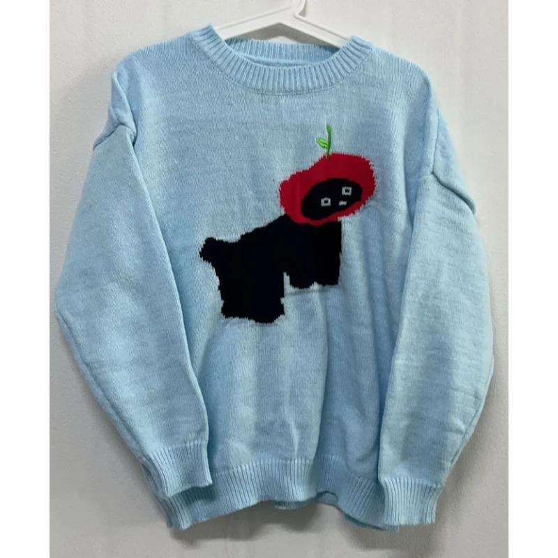 

Винтажные элегантные кавайные мультяшные жаккардовые свитера с милым стилем Харадзюку, свободные джемперы в стиле гранж, эстетика 2000 года, женские синие вязаные пуловеры XXL синий