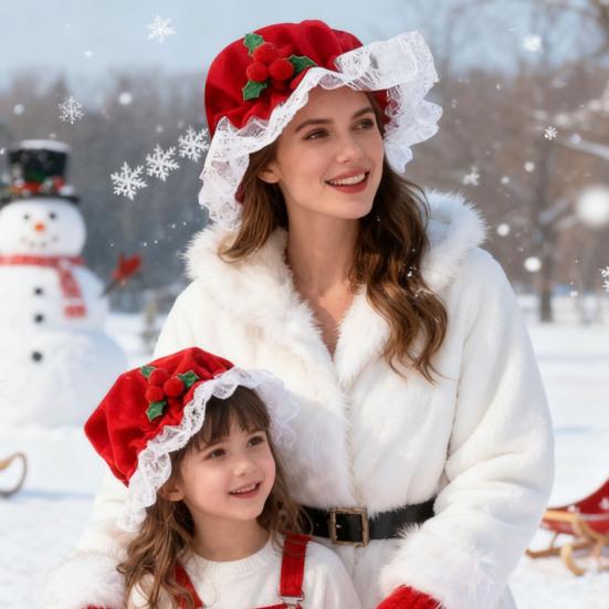 Paní. Kostým Clause pro dospělé ženy Santa Claus Červená bobulová čepice Mob cap