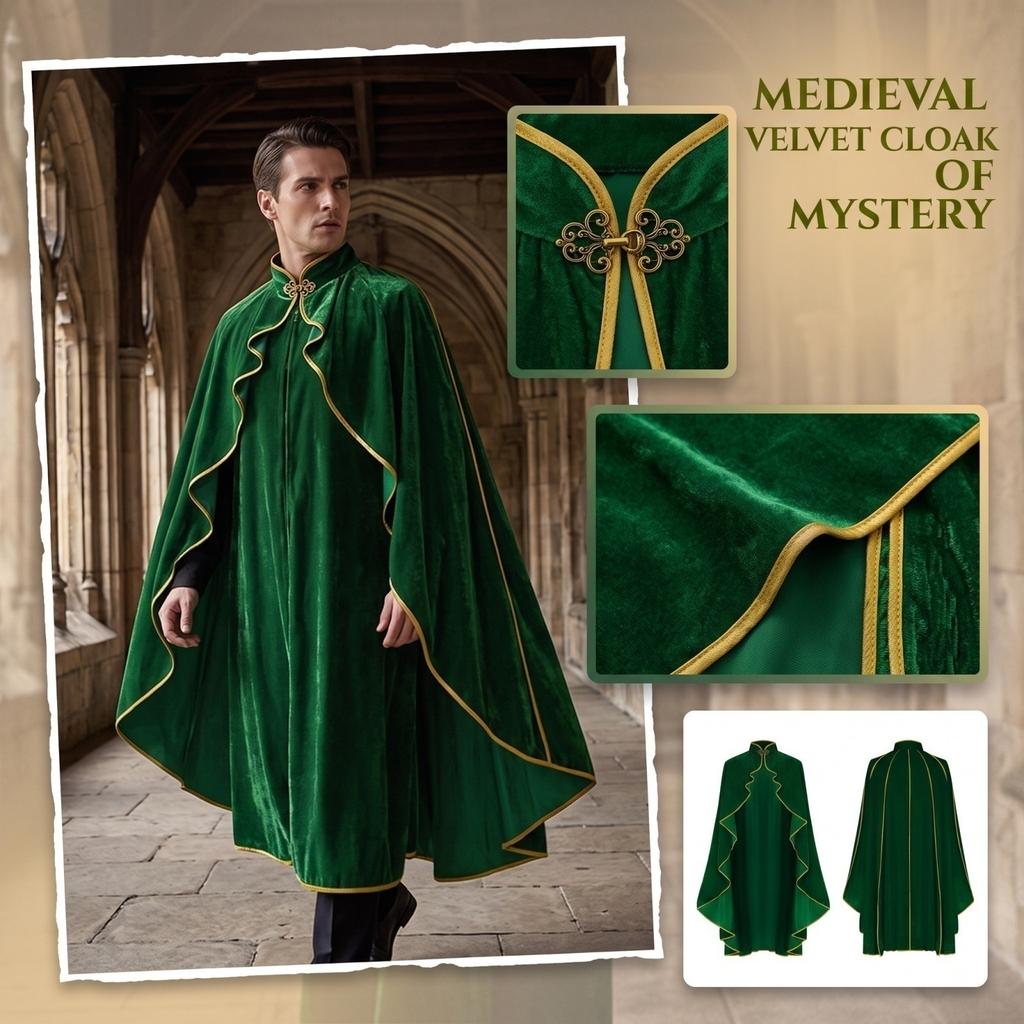 Women's Velvet Cape Coat with Stand Collar and Gold Trim Button Front for Halloween Costume