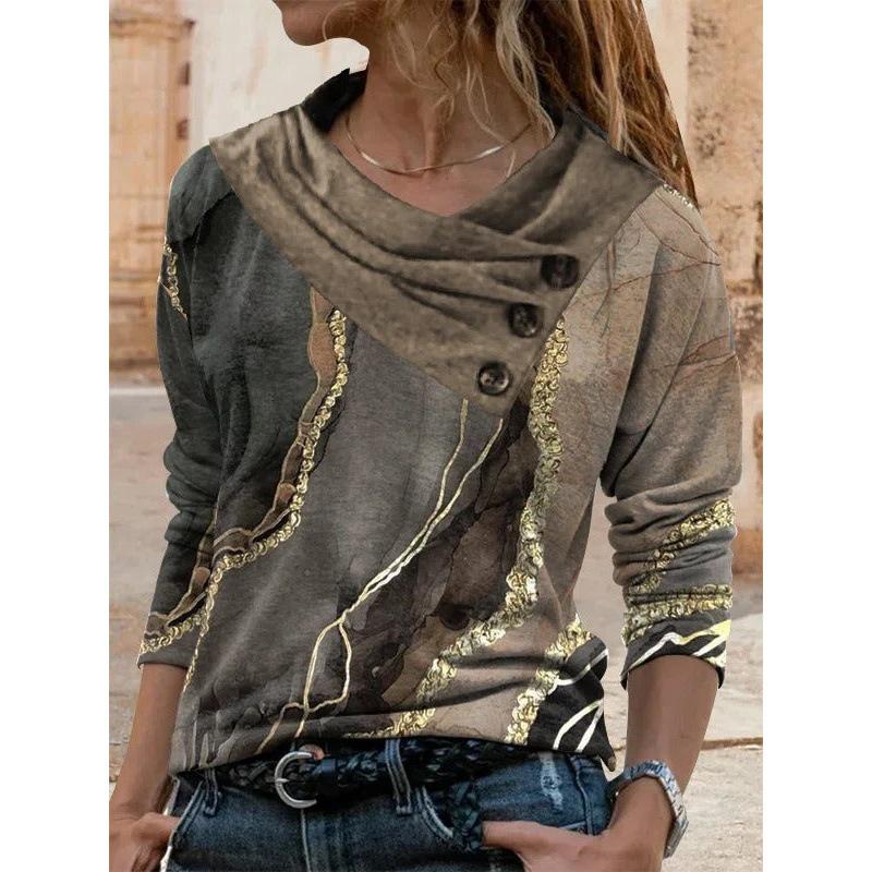 

2025 Autumn/Winter Women s Casual Long Sleeve Double Layer Collar Printed Button T-shirt L коричневый