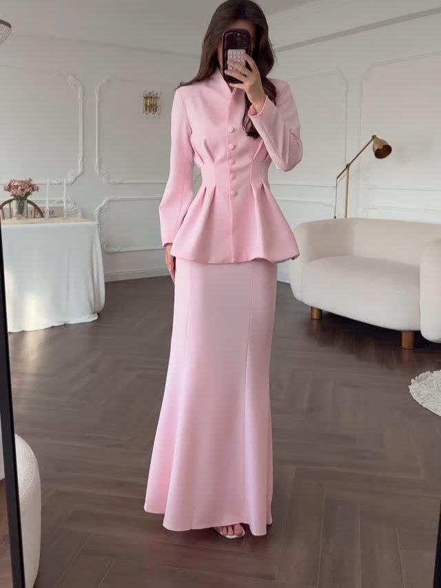 2025 Spring Elegant Retro Women's Solid Color Long Sleeve Top and Skirt Set
