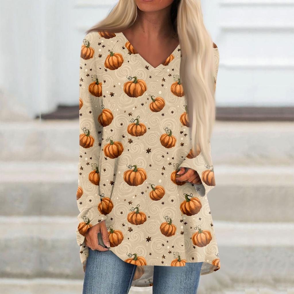 Dámské módní a ležérní tričko s halloweenským potiskem, s dlouhým rukávem, výstřihem do V, středně dlouhé