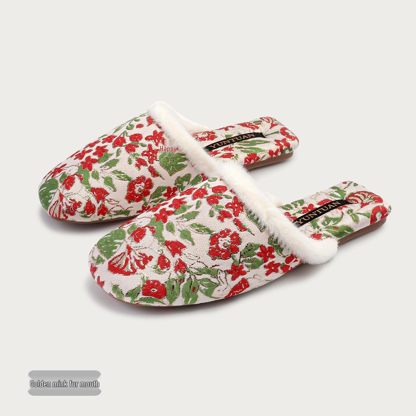 

Women s Fleece-Lined Floral Jacquard Chinese Style Non-Slip Warm Cotton Slippers for Autumn and Winter 36/37 (fits size 35-36)