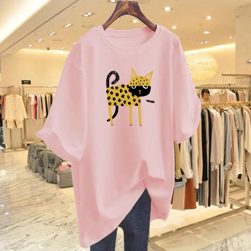 2025 Animal Series Leopard Printed Cotton Crew Neck Loose Women's T-Shirt Short Sleeve Top Bottom Shirt