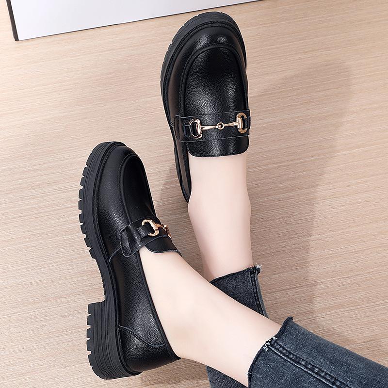 Thick-soled British Style Leather FootPairs for Lady Middle Heel BrandNew SpringSeason 33-40 CampusUses' Thick Heel Genuine Leather Loafers for