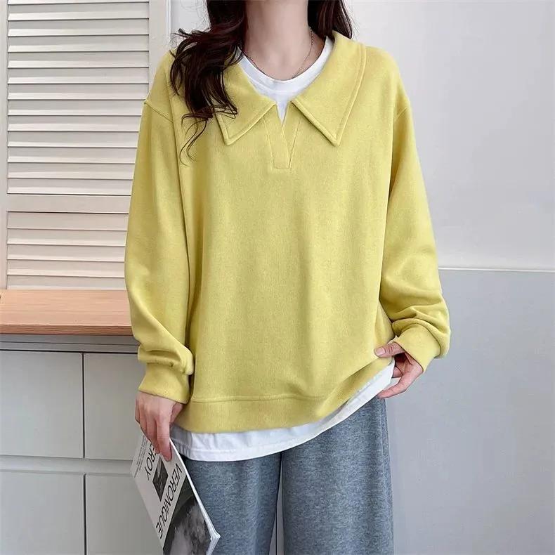 Sweatshirt for Women Pullover Long Sleeve Faux Two-Piece Oversize Solid Color Loose Casual Sweatshirt Top