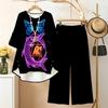 Women's 2‑Piece Outfit, Gothic Butterfly 3/4 Sleeve Irregular Hem Top & Wide Leg Pants Set, Casual Loose Matching Suit