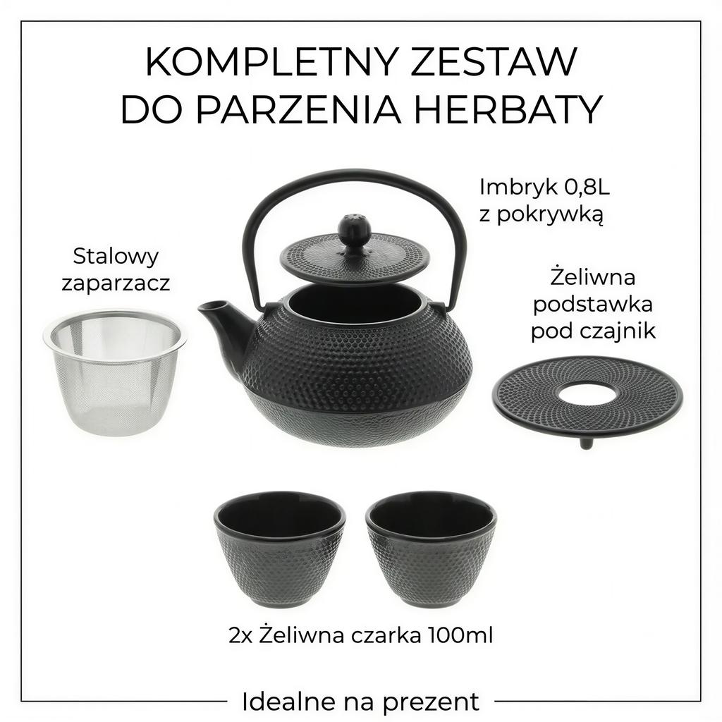 CAST IRON KETTLE 0.8L TEAPOT SET 2x CUPS STAND BLACK