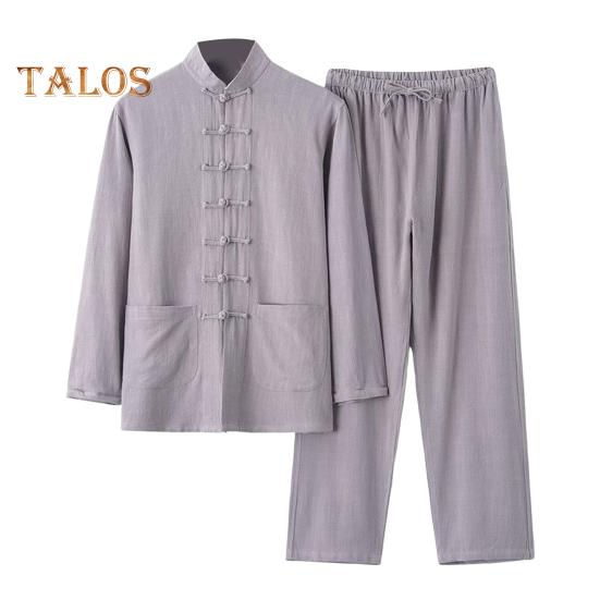 

Мужской повседневный комплект из двух предметов в китайском стиле с воротником-стойкой, длинными рукавами, пряжками-дисками, карманами, рубашкой и эластичным поясом на завязках, длинные брюки M серый