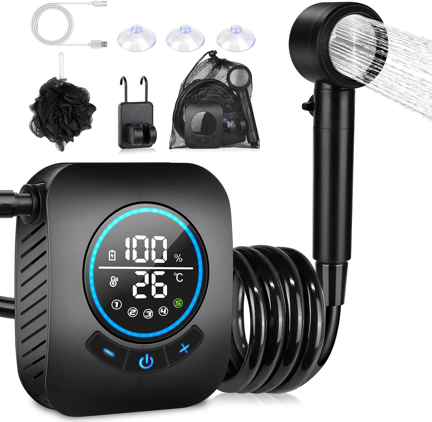 Portable camping shower, 8000mAh rechargeable, 5