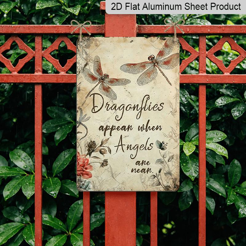 2D Flat Vintage Metal Wall Art Sign "Dragonflies Appear When Angels Are Near" - Rustic Farmhouse Decor with Floral Accents - Durable Aluminum for