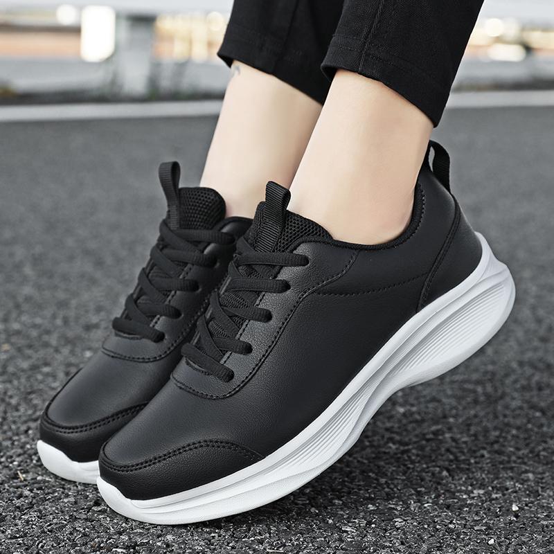 Women PU Leather Running Sneaker Lace-up Sport Light Comfortable Breathable Black Winter Walking Shoes Size 35-43