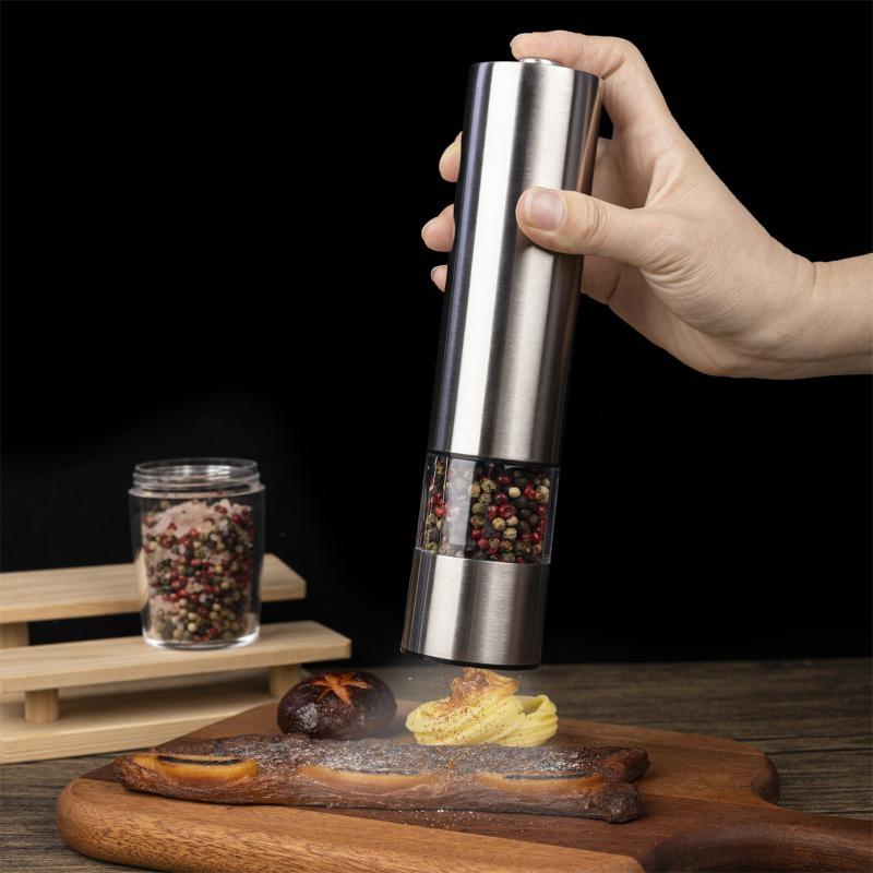 1Pcs Stainless Steel Automatic Spice Mill With Led Indicator Light Battery‑Powered Salt And Pepper Grinder For Home Kitchen