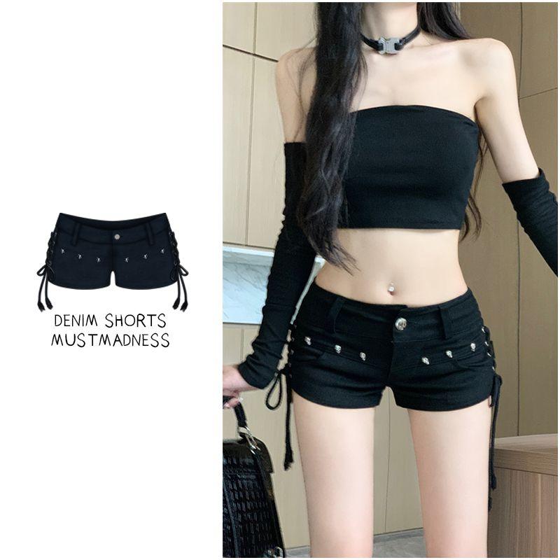 

Western Style Ins Gyaru Denim Super Short Shorts Women Low Waist Lace-up Beads Design Slimming Buttock Lifting Hot Pants Black XL