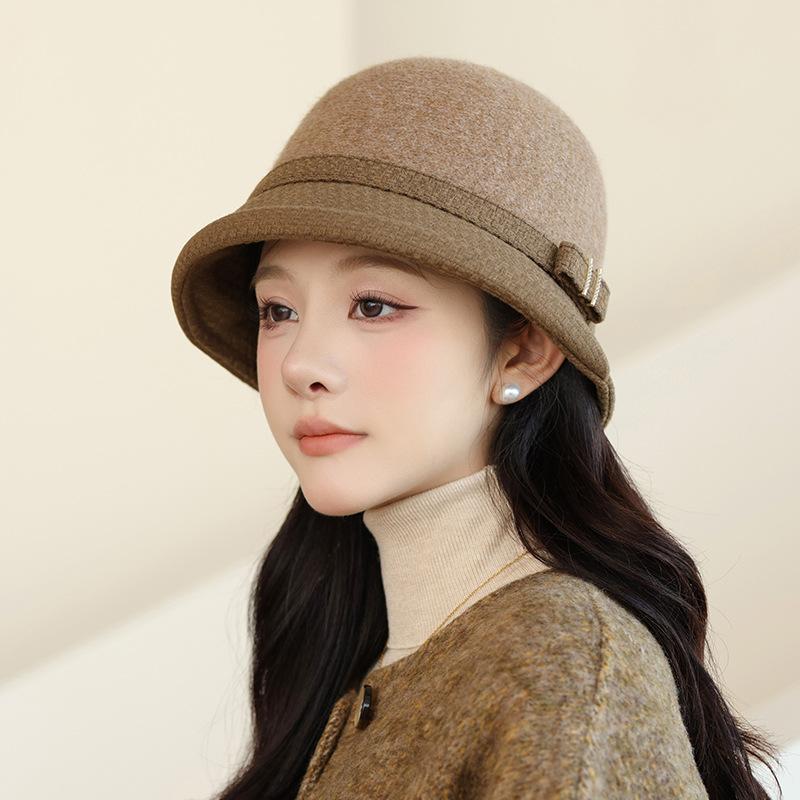 In The Elderly Autumn and Winter Bucket Hat Female British Style Top Hat Warm Woolen Bucket Hat Fashion Basin Hat