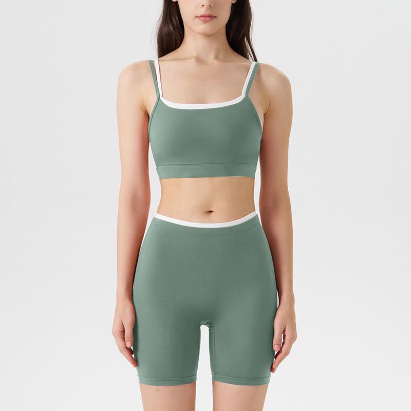 Damen Color-Block Yoga-Set: Dreiviertelhosen & BH mit dünnen Trägern