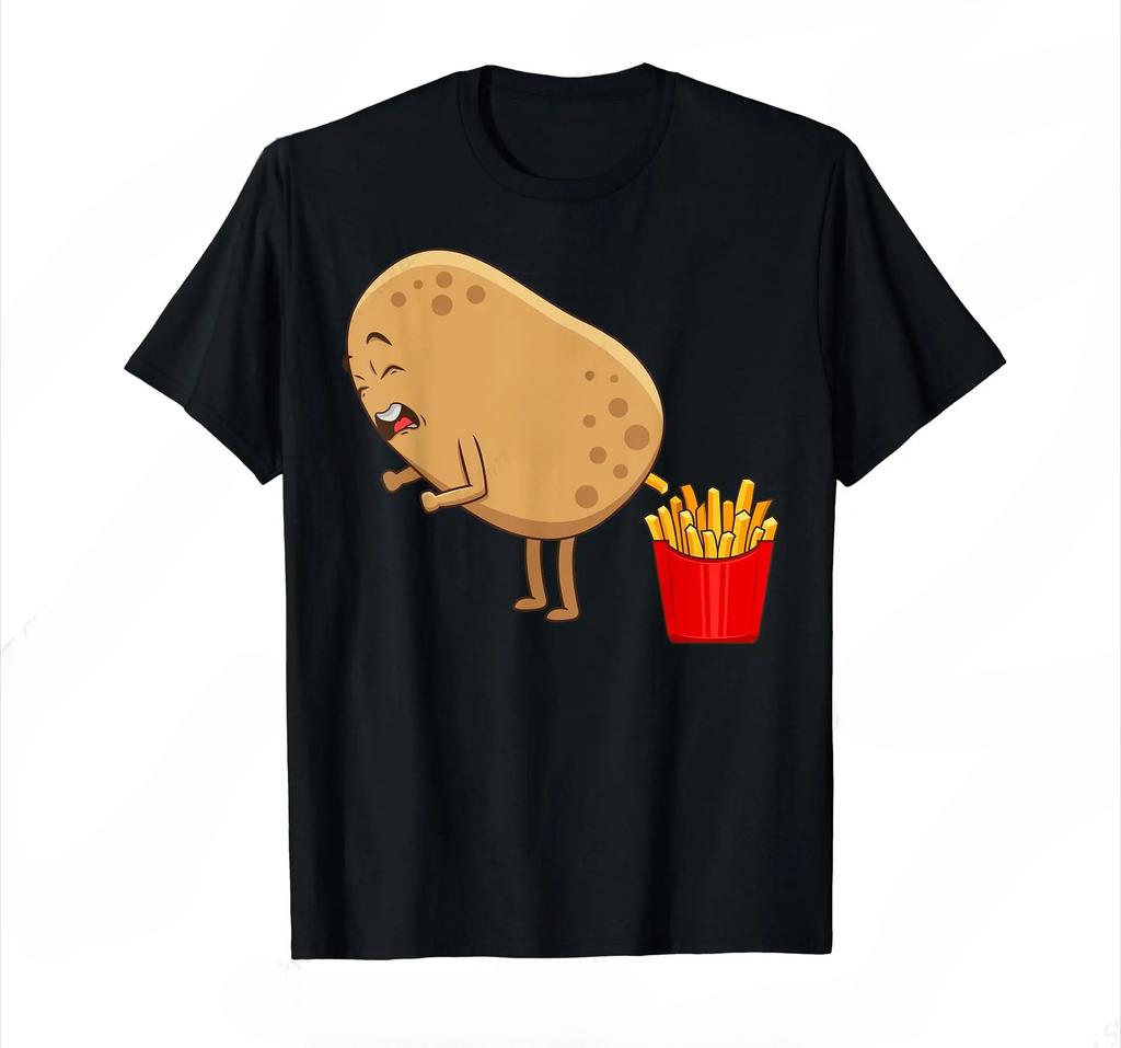 Women's Fun French Fries Design Potato Lover T-Shirt Summer Fashion Women's O-Neck Cool Top Women's Short-Sleeve
