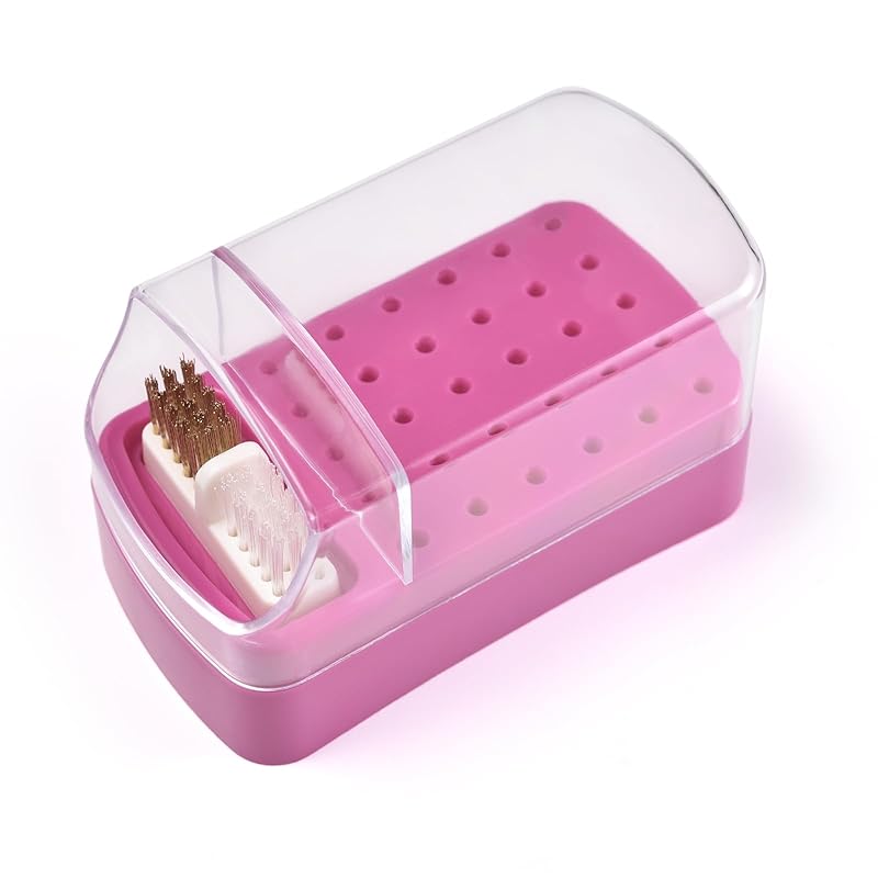 2 in 1 Nail Drill Bit Holder & Nail Drill Bit Cleaner Brush Case 30 Holes Dustproof Nail Drill Bit Display Stand Organizer Box Manicure Drill Bits