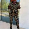 Women Plus Size Black Gold Green Printed Round Neck Long Sleeve Top And Fitted Pants Two Piece Set