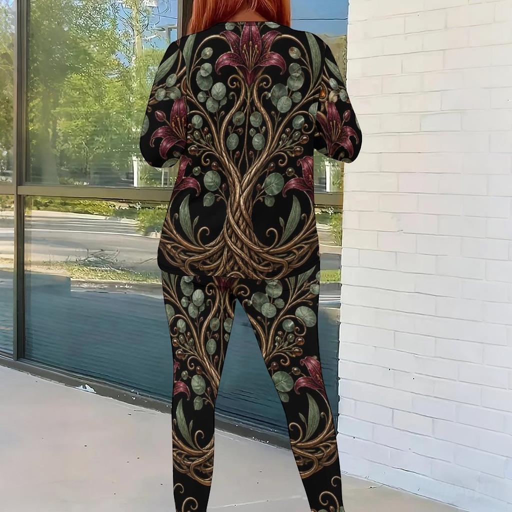 Women Plus Size Black Gold Green Printed Round Neck Long Sleeve Top And Fitted Pants Two Piece Set