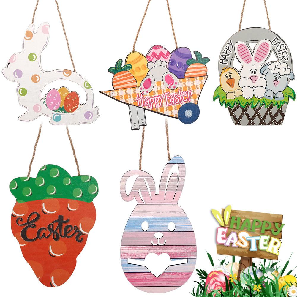 Charming Easter Wooden Hanging Decoration Featuring Colorful Eggs And Adorable Rabbits