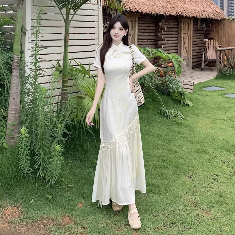 New Chinese style noble sense jacquard cheongsam improved dress temperament celebrity fringed design waist dress