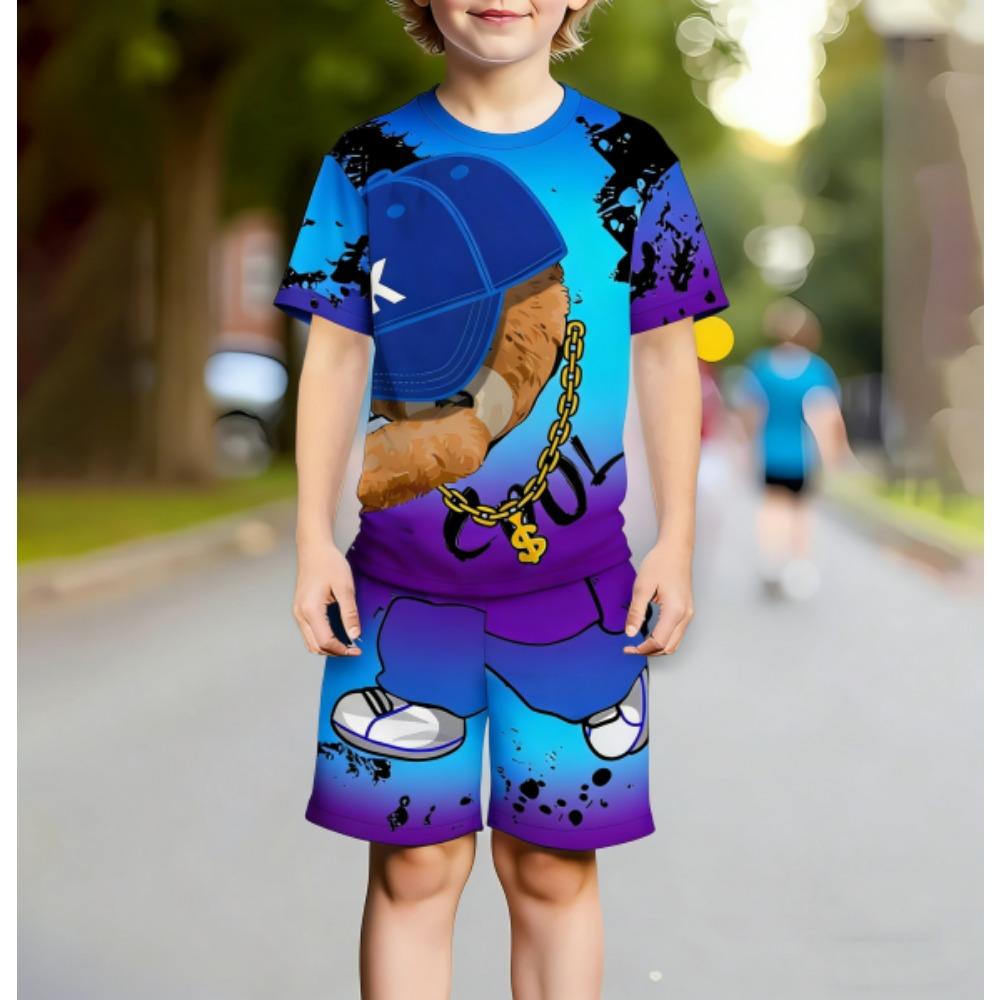 Europe and America Funny Bear Fashion Men's Set Summer Men's T-shirt and Shorts 2 Piece Set Outdoor Casual Men's and Women's Outfit