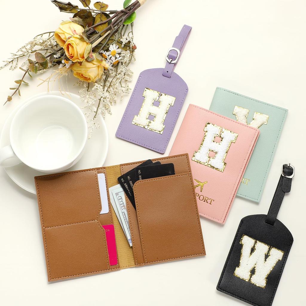 Travel Passport Luggage Tag Set with Initial Passport Cover and Alphabet Chenille Letter Travel Wallet Bag Suitcase Identifier for Women and Family