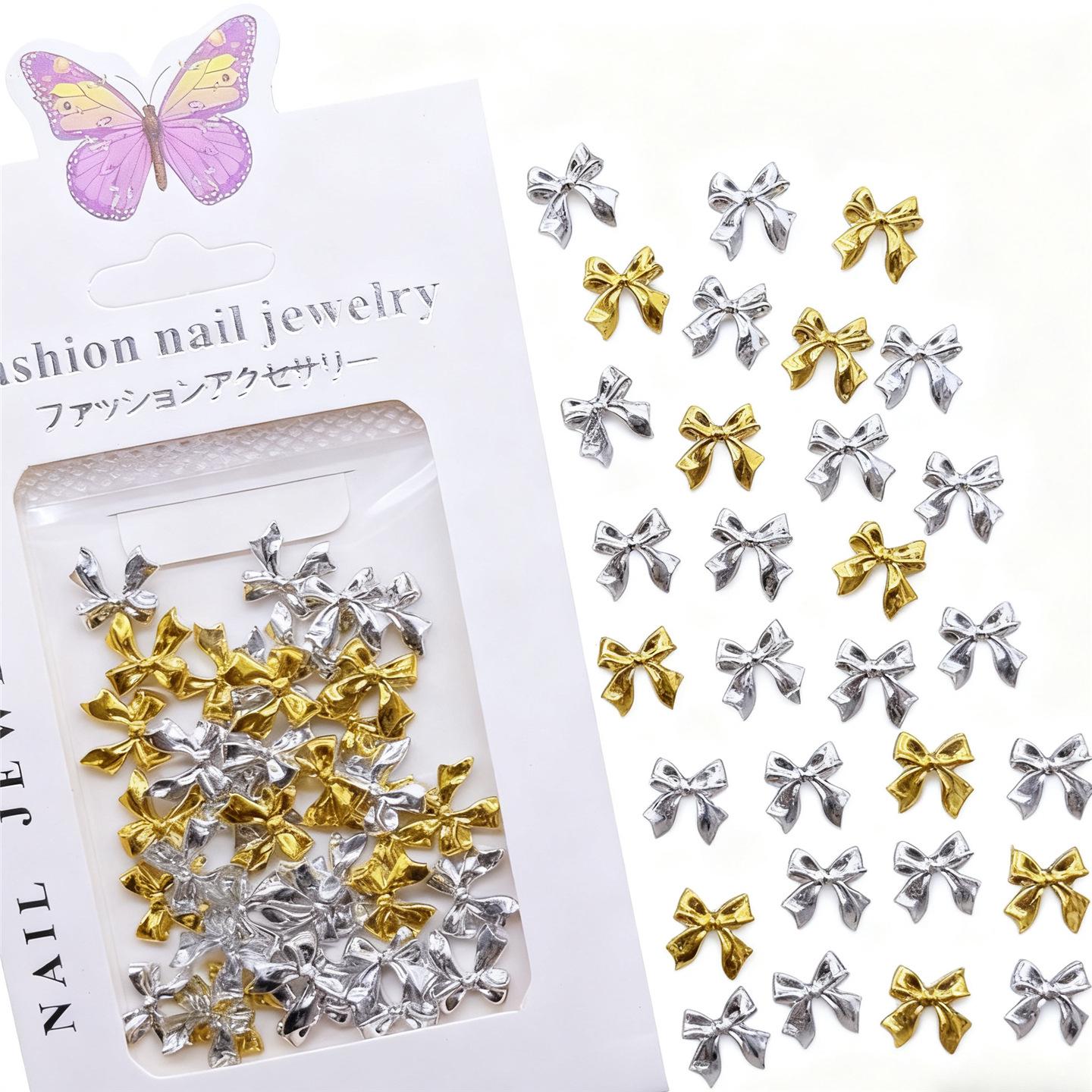 3D Plated Bowknot Nail Decorations: Gold & Silver Streamer Accessories 40 pieces
