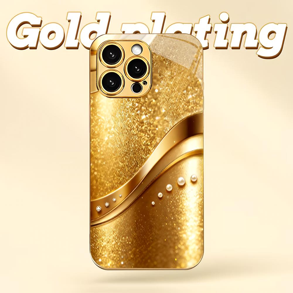 Zlatý minimalistický zakřivený texturovaný galvanicky pokovený skleněný kryt na telefon vhodný pro iPhone 17 16 15 14 13 12 11 Pro/Max/Plus nárazuvzdorný