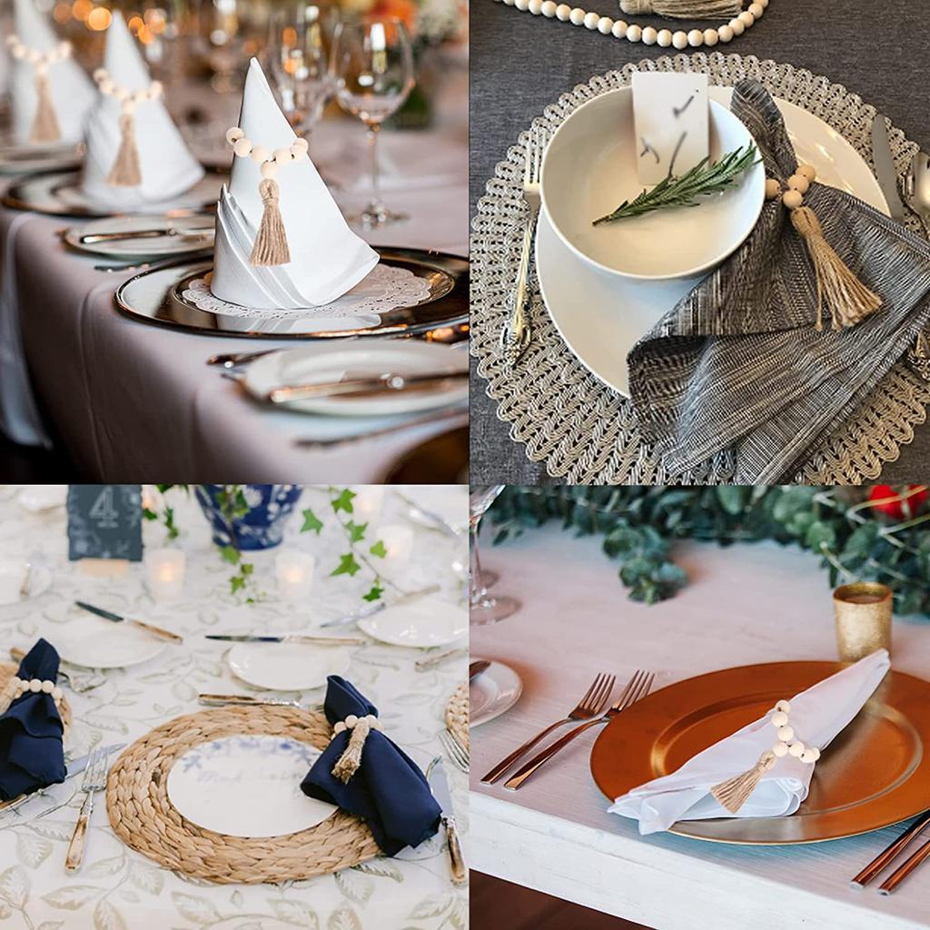 Pastoral Wood Bead Fringed Napkin Ring Elastic Napkin Buckle Adjustable Hand-Woven Hemp Rope Napkin Ring