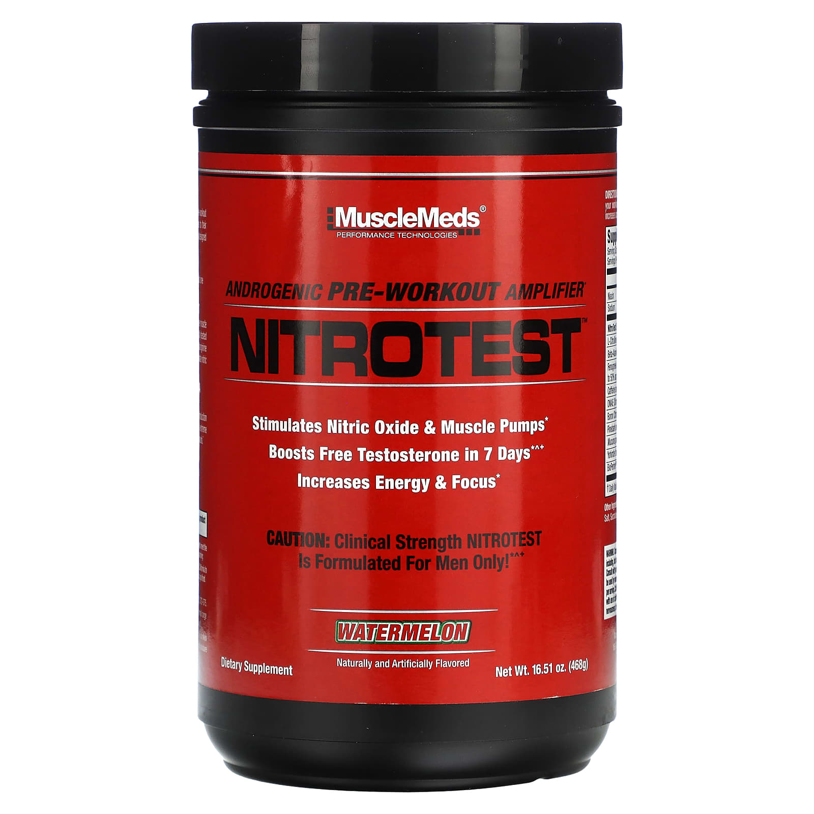 

MuscleMeds, Nitrotest, Androgenic Pre-Workout Supplement, Watermelon Flavor, 16.51 oz (468 g)