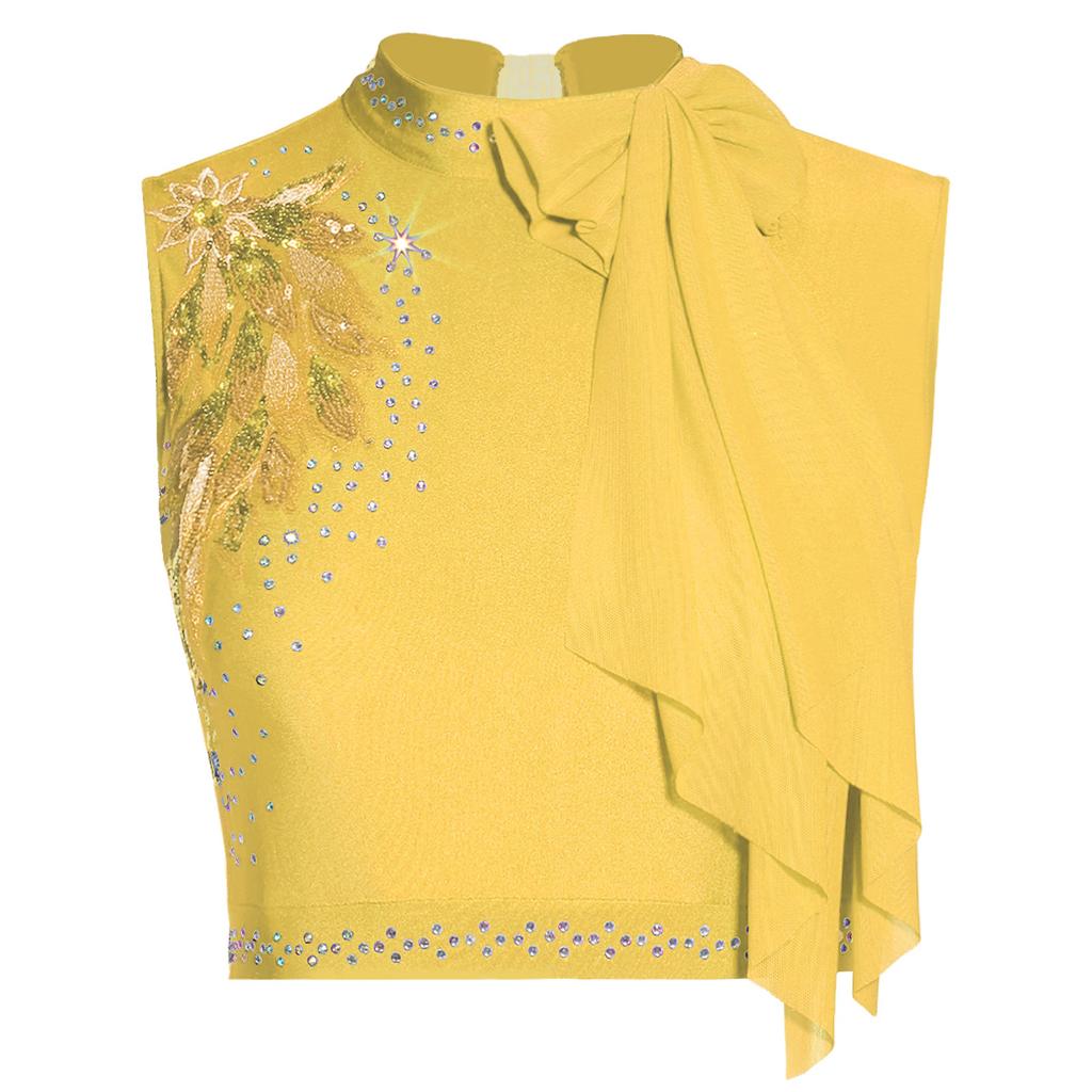 Womens Modern Dance Crop Top Sequin Embroidery Bow Decor Sleeveless Back Hollow Out Dancewear