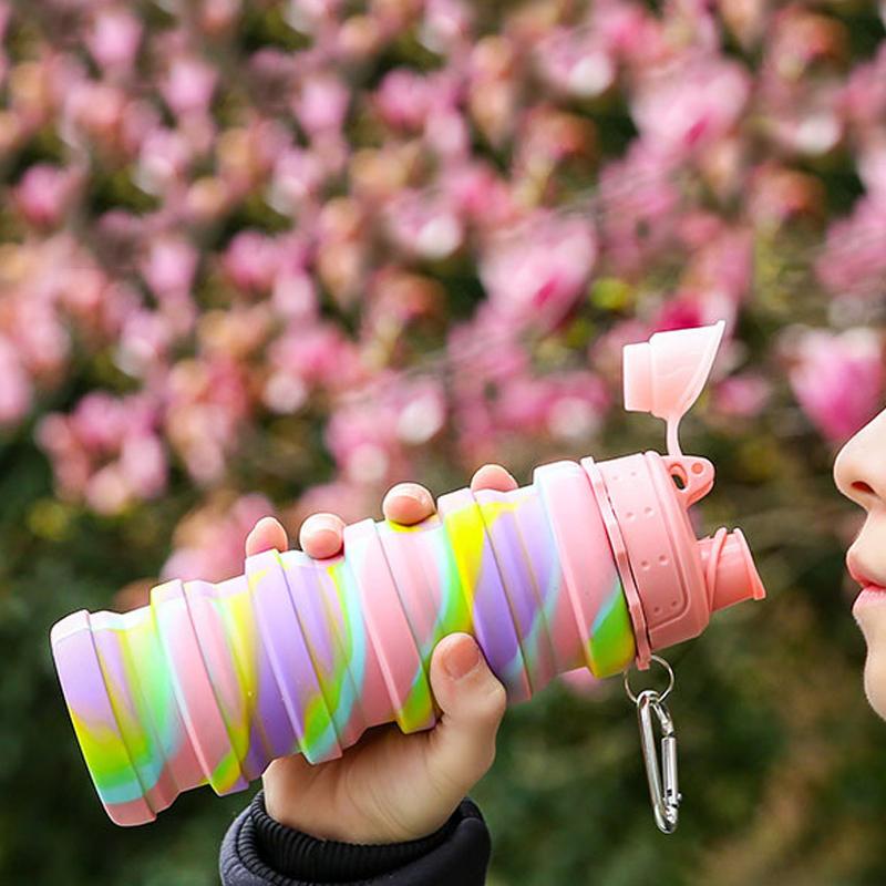 Portable Collapsible Silicone Water Bottle With Lid Camouflage Foldable Kettle For Sports Travel Drinking Cup With Carabiner Cup