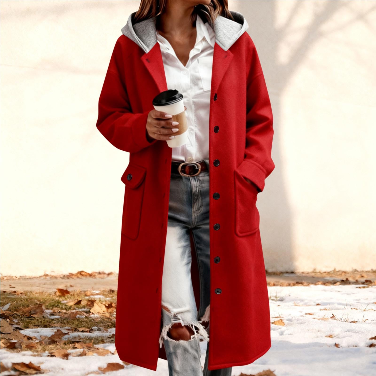 

Women s Solid Color Long Sleeved Hooded Long Coat With Woolen Buttons XXL червоний