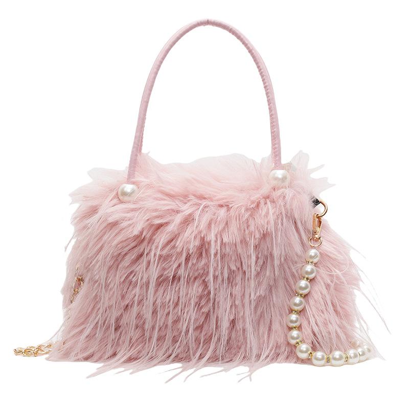 Imitation turkey feather niche simple women's bag 24 new autumn and winter handbag fashion pearl fringed hair messenger shoulder bag