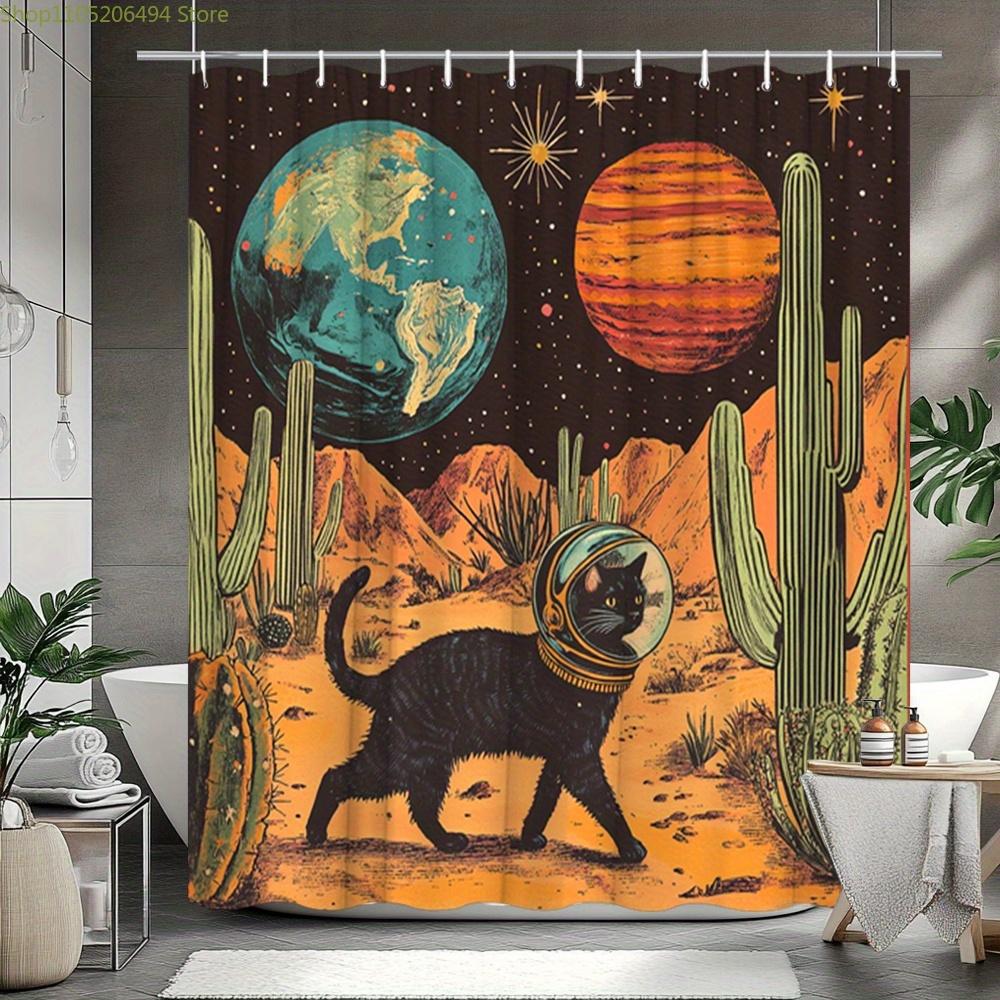 1pc Retro 60s Space Cat Shower Curtain - Astronaut Feline on Desert Planet with Cacti & Stars, Vibrant Polyester Fabric Bathro