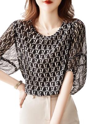Blouse Summer Short Sleeve Top Crew Neck Outerwear Chiffon Print Puff Sleeve Pullover Loose Fit Body Covering Cool Stylish Feminine Clean Adult Casual