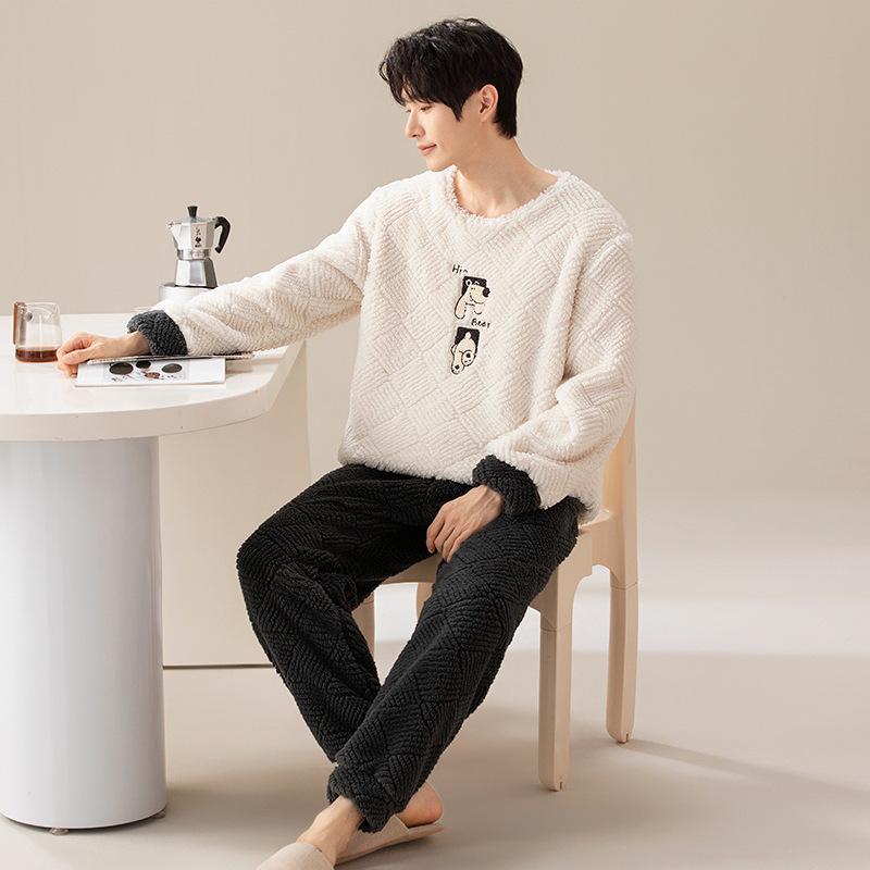Men's Winter Thickened Coral Fleece Pajamas: Cute Cartoon Warm Homewear Set for Teenagers and Students