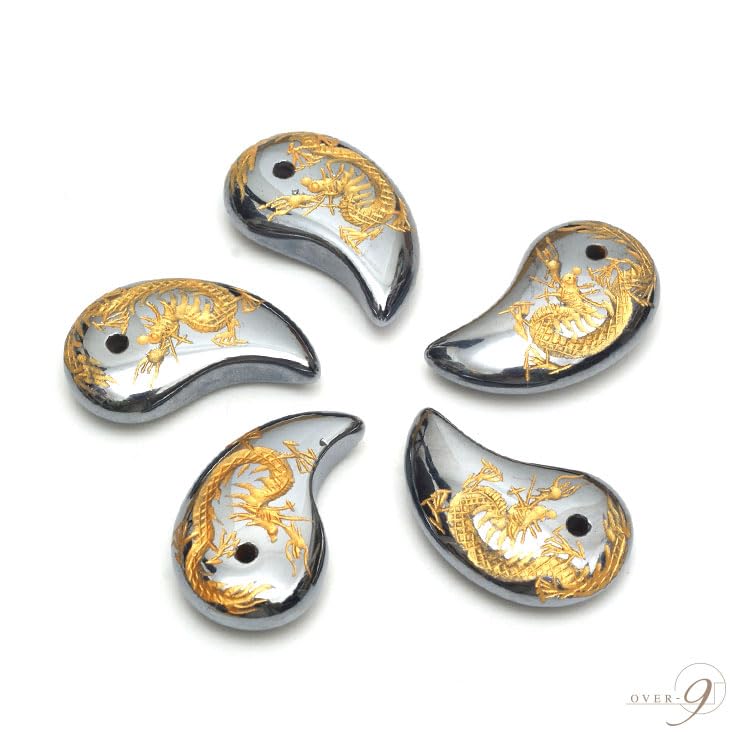 Terahertz Crystal Necklace with Dragon God Magatama, Gold Engraved, Power Stone, Amulet, 33mm