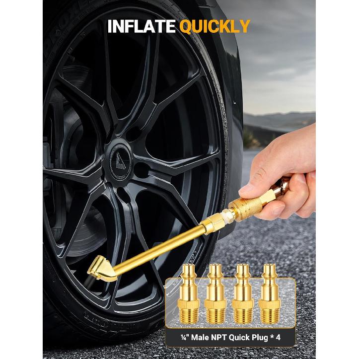 2 Pack Heavy Duty Air Chuck Set-1/4 Inch Female NPT Closed Ball Tire Chuck, Dual Head Air Chuck And Standard Male Quick Plug, Tire Air Fill Kit For