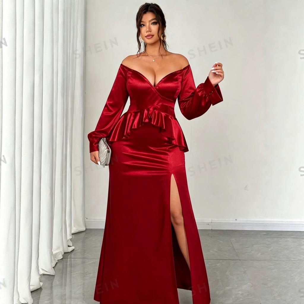 Large size red banquet dress long dress, deep V off-the-shoulder high-quality annual meeting party dress D